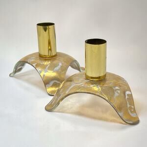Vintage MCM Gold Glass Candlestick Holders Pair Sculptural Mid Century